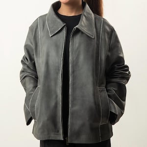 Handmade Distressed Grey Sheepskin Leather Jacket: 90s Oversized Fit
