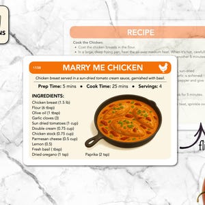 以下が含まれることがあります： 「Marry Me Chicken」のレシピカード。鶏肉料理のイラスト付き。鶏むね肉（680g）、ドライトマト、パルメザンチーズなどの材料が記載されています。準備時間5分、調理時間25分、4人分です。