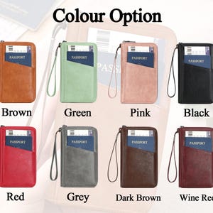 May include: A selection of passport holders in various colors: brown, green, pink, black, red, grey, dark brown, and wine red. Each holder has a wrist strap and a clear pocket displaying a passport. The text "Colour Option" is at the top.