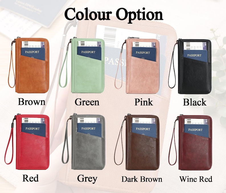 May include: A selection of passport holders in various colors: brown, green, pink, black, red, grey, dark brown, and wine red. Each holder has a wrist strap and a clear pocket displaying a passport. The text "Colour Option" is at the top.