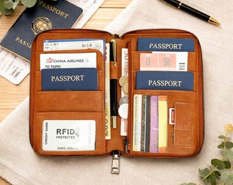 Personalized Leather Passport Holder Wallet, RFID Travel Organizer, Zipper Passport Case, Gift for Men & Women, Travel Essentials