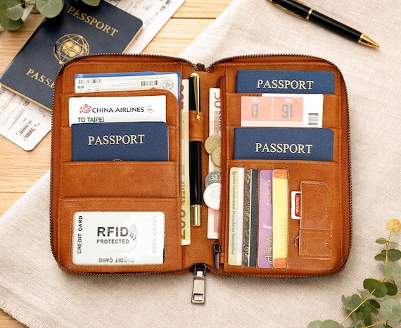 Personalized Leather Passport Holder Wallet, RFID Travel Organizer, Zipper Passport Case, Gift for Men & Women, Travel Essentials