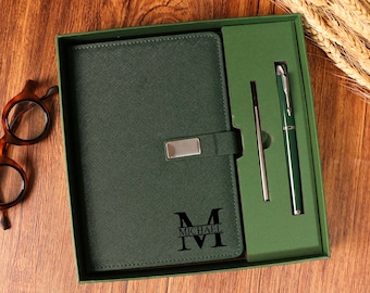 Op maat gegraveerd notitieboekje met pen, leren notitieboekjeset, bedankje eindejaar, bijpassende pen, aangepaste afstudeercadeaus, cadeau nieuwe baan