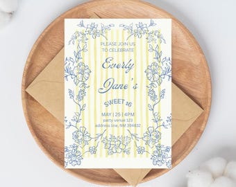 Sweet 16 Floral Invitation: Yellow & Blue Cottage Garden Party (Digital Download)
