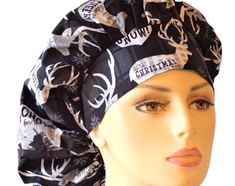 Scrub Hats-Christmas Scrub Cap-Ho Ho Home for the Holidays-Women's Scrub Hats-Bouffant Scrub Hat/SilverCaps-Scrub Hat-Medical Scrub Hat
