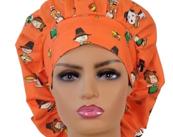 Thanksgiving Pumpkin-Scrub Hats Friends Fabric-Bouffant -Bouffant Scrub Hat-Scrub Cap-Autumn Fall-Women's Scrub Hat-SilverCaps-Medical Hats