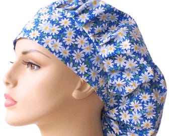Blue Daisy Scrub Hat-Daisy Days in Blue Scrub Hat-Women's Scrub Hat-Blue Floral Daisy Scrub Hat/Medical Scrub Hat/Surgical Scrub Hats