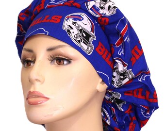Buffalo Bills Fabric-Bouffant Scrub Hats-Women's Scrub Hats-Medical Scrub Hats-SilverCaps-Buffalo Bills Scrub Hats-Sports Scrub Cap-Football