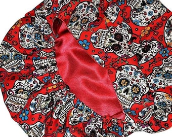 RED Folkloric Skulls Scrub Hats/Bouffant Scrub Hats/Scrub Caps/Medical Scrub Hat/Inside Satin Lining Hat-Womens Scrub Hat/Surgical Scrub Hat