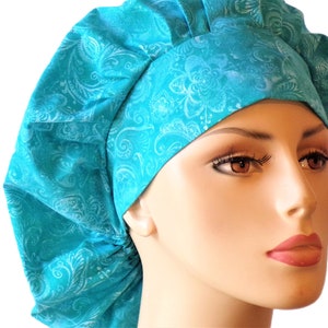 Scrub Hats-Turquoise-Women&#39;s Bouffant Scrub Hats-USA/Medical Scrub Hats-Veterinarian Scrub Caps-Surgical Scrub Cap-SilverCaps-CRNA Scrub Hat