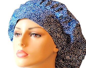 Scrub Hats-Bouffant Medical Scrub Hat-Blue Daisy Days-Women&#39;s Scrub Cap-Summertime Scrub Hat-Bouffant Scrub Hat-SilverCaps-Floral Scrub Caps