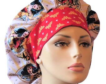 Wonder Woman Scrub Hat: Bouffant Style, Save the Day Fabric- Medical Scrub Hats-CRNA-Scrub Hats for Women-Scrub Caps- Surgical Scrub Hats