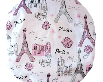 Paris Scrub Hat-Bouffant Glittering Eiffel Tower-Bouffant Surgical Scrub Hat-I Love Paris Scrub Hat with a Matching Headband -Medical