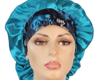 Satin Bouffant/Turquoise Satin Scrub Cap/Womens/Sleeping Bonnet/Satin with Harry Potter Cotton No Slip Headband/Beauty Bonnet/Anastasia Hat