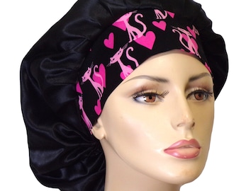 Satin Bouffant/ Black Satin Scrub Cap/ Womens/ Sleeping Bonnet/ Satin with a Pink Panther Cotton No Slip Headband/Beauty Bonnet/ SilverCaps