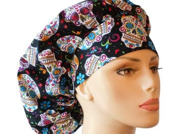 Scrub Hats-Folkloric Skulls Satin Lined-Bouffant Scrub Hat-Scrub Caps-Medical Scrub Hat-Folkloric Cotton Outside, Satin Inside your color.