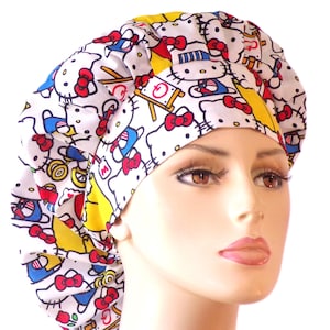 Medical Bouffant Hat-Hello Kitty Fabric-Hello Kitty at Play Scrub Hat-Veterinarians Scrub Hat-Anesthesia Scrub Hat-RN Hats-Women&#39;s Scrub Cap