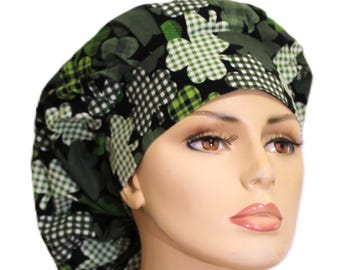 St. Patrick's Day-Scrub Hats-Gingham Shades of Clover-Holiday Scrub Hats-Bouffant Scrub Hats for Women-Shamrocks All Over Scrub Cap-St Pats