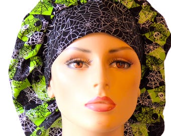 Jeepers Creepers Spiders on Cobwebs -Green and Black with a Black Spider Web Headband-Scrub Hats-Halloween Scrub Caps-SilverCap--Holiday-USA