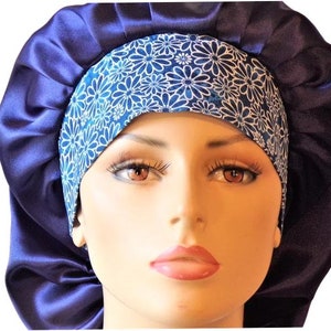 Scrub Hats-Satin Bouffant-Navy Blue Satin Scrub Cap-Womens Sleeping Bonnet-Satin with a Blue Daisy Cotton No Slip Headband-Beauty Bonnet