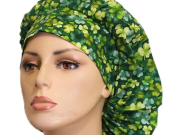 St. Patrick's Day-Scrub Hats-Green Shades of Clover-Holiday Scrub Hats-Bouffant Scrub Hats for Women-Shamrocks All Over Scrub Cap-St Pats