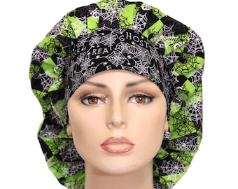 Jeepers Creepers Spiders on Cobwebs -Green and Black with a Black Spider Web Headband-Scrub Hats-Halloween Scrub Caps-SilverCap--Holiday-USA