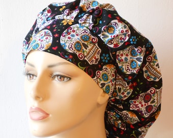 Folkloric Skulls Fabric Scrub Hats-Bouffant Scrub Hat-Scrub Caps-Medical Scrub Hat-Womens Scrub Hat-SilverCaps Matching Headband-Skulls