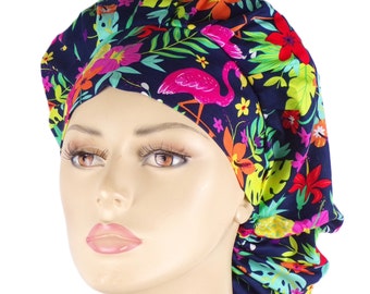 Scrub Hat-Flamingo-Tropical Leaf-Surgical Bouffant-Scrub Hats-Medical Scrub Cap-Nursing Scrub Hats-SilverCaps/Scrub Caps for Women