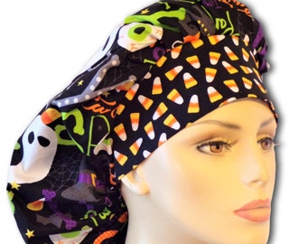 Scrub Hats-Halloween Candy Corn Ghost-Bouffant Surgical Scrub Hats-Candy Corn Headband-Women's Bouffant-Medical Scrub Hats-Holiday Scrub Cap