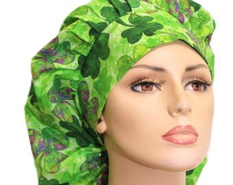 St. Patrick's Day-Scrub Hats-Green Shades of Clover-Holiday Scrub Hats-Bouffant Scrub Hats for Women-Shamrocks All Over Scrub Cap-St Pats