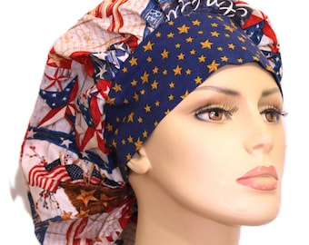 Scrub Hats-God Bless America-Red, White and Blue-Patriotic Bouffant-Medical Scrub Hat-Star Headband-Medical Scrub Hat-Surgical Scrub Hats