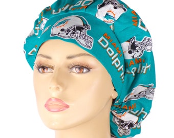 Miami Dolphins Fabric-Bouffant Scrub Hats-Medical Scrub Hats-Miami Florida Scrub Hats-Team Sports-Women's Scrub Hat-SilverCaps-Dolphins