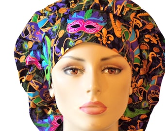 Scrub Hats-Satin Lined Mardi Gras Mask Scrub Hat-Bouffant Scrub Hats-Holiday Scrub Hats-Cotton Outside Satin Inside-Medical Scrub Caps-CRNA