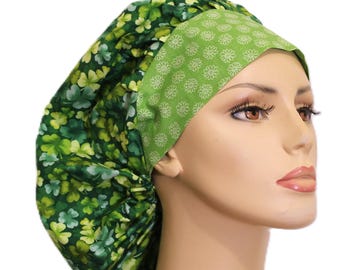 St. Patrick's Day-Scrub Hats-Green Shades of Clover-Holiday Scrub Hats-Bouffant Scrub Hats for Women-Shamrocks All Over Scrub Cap-St Pats