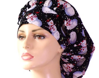 Scrub Hats-Snowman-Women's Scrub Hats-Bouffant Scrub Hat-SilverCaps-Medical Scrub Hats-Nurses Scrub Hats-Holiday Scrub Hat-CNA Hat-Christmas
