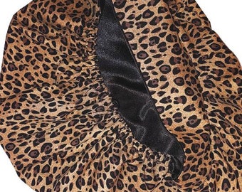 Scrub Hats-Satin Lined Bouffant Scrub Hat-Women's Bouffant Scrub Caps-Cotton Cheetah Print with Black Satin Lining-Cheetah Scrub Hats