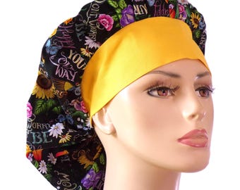 Scrub Caps-Don't Worry Be Happy Floral Hat- Bouffant Surgical Scrub Hat- Women's Bouffant Scrub Hat- Surgical Scrub Hat- Vet Tech Scrub Hats