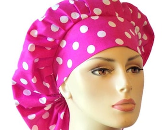 Scrub Hats-Pink Polka Dot Bouffant-Surgical Scrub Hat-Medical Scrub Hat- Scrub Hat Bouffant Surgical Scrub Hat/ Women's Bouffant Scrub Hat