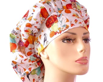 Dogs and Pumpkins and -Bouffant Scrub Hat-Medical Scrub Hat-Autumn Scrub Hat-Veterinarian Scrub Hats-Scrub Hats for Women-Scrub Hats-Fall