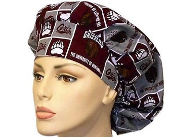 Montana GRIZZLIES Fabric-University of Montana Scrub Hats-Women's Scrub Hat-Medical Scrub Hats-Etsy Scrub Hat-SilverCaps-Bouffant Scrub Hats