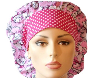 Scrub Hats Pretty Kitty Bouffant Scrub Hat All Over with a Pink Polka Dot Headband USA Medical Scrub Hats / Veterinarian Scrub Hat