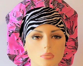 Bouffant Zebra Fabric/ Pink Zebra Stripe Headband/ Scrub Hat/ Scrub Caps/ Women's Scrub Hat/ Bouffant Scrub Hats/Medical Scrub