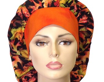 Fall Leaves on Black-Bouffant Scrub Hat-Fall Scrub Hat-Medical Scrub Hat-Autumn Fall Scrub Hat-SilverCaps-Surgical Scrub Hat-Headband Choice