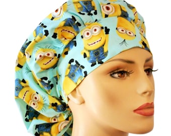 Scrub Hats-Minions Indispicable Me Fabric-Bouffant Scrub Hats-Surgical Women&#39;s Bouffant Scrub Hat-Minions on Turquoise- Pediatric Scrub Hats
