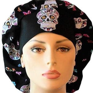 Glitter Folk Skulls with Flowers and Birds-Bouffant Scrub Hats-Surgical Scrub Hat-Applique Skull Headband-Dawn of the Dead-CRNA-Scrub Hats image 1
