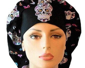 Glitter Folk Skulls with Flowers and Birds-Bouffant Scrub Hats-Surgical Scrub Hat-Applique Skull Headband-Dawn of the Dead-CRNA-Scrub Hats