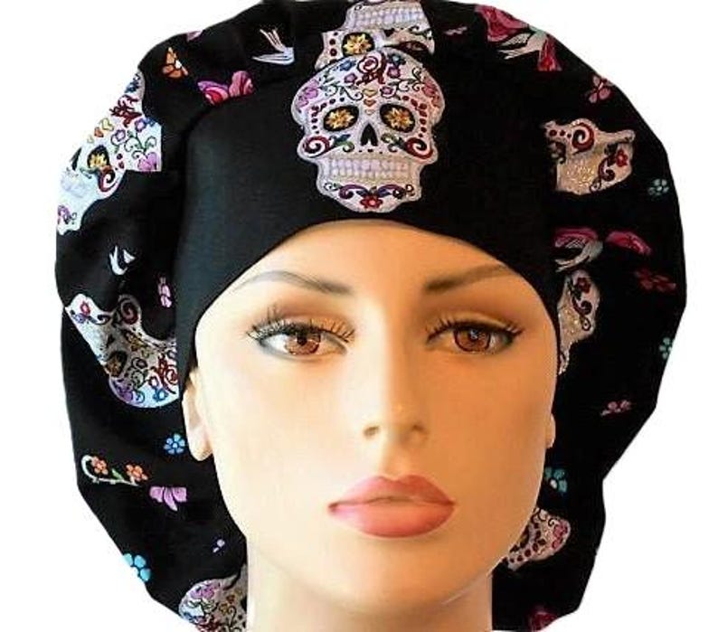 Glitter Folk Skulls with Flowers and Birds-Bouffant Scrub Hats-Surgical Scrub Hat-Applique Skull Headband-Dawn of the Dead-CRNA-Scrub Hats image 1