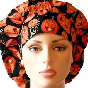 Bouffant Scrub Hat-Halloween Ghoulish Nights-Pumpkins All Over Scrub Hat-Matching Headband-Medical Scrub Hat-Women&#39;s Scrub Hats-Surgical Hat