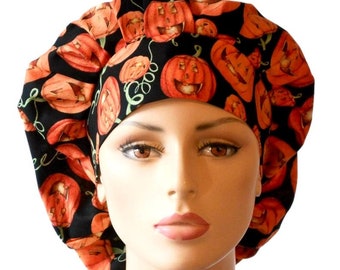 Halloween Ghoulish Nights-Pumpkins All Over Scrub Hat-Bouffant Scrub Hats-Medical Scrub Hat-Women's Scrub Hats-Surgical Hat-Scrub Caps