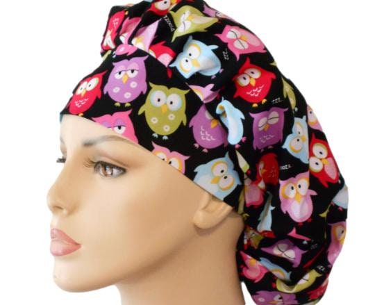 Scrub Hats-Colorful Owls Bouffant Scrub Hat-Women's Bouffant Scrub Hats-Medical Scrub Hat-Veteri